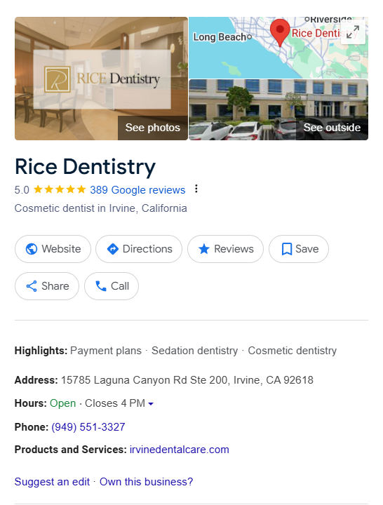 Optimized Google business listing for a dentist