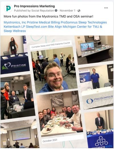 social media post example showing Jonathan Fashbaugh at a Myotronics TMJS and OSA seminar