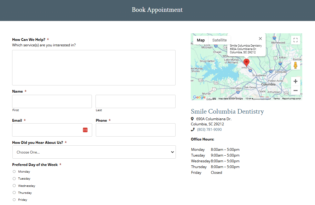Online Scheduling form on dental website