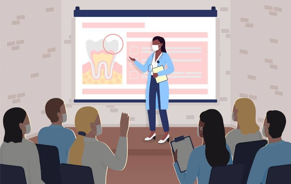 dental lecture graphic Illustration of a dentist giving a tooth anatomy presentation to a masked audience, representing dental education or training.