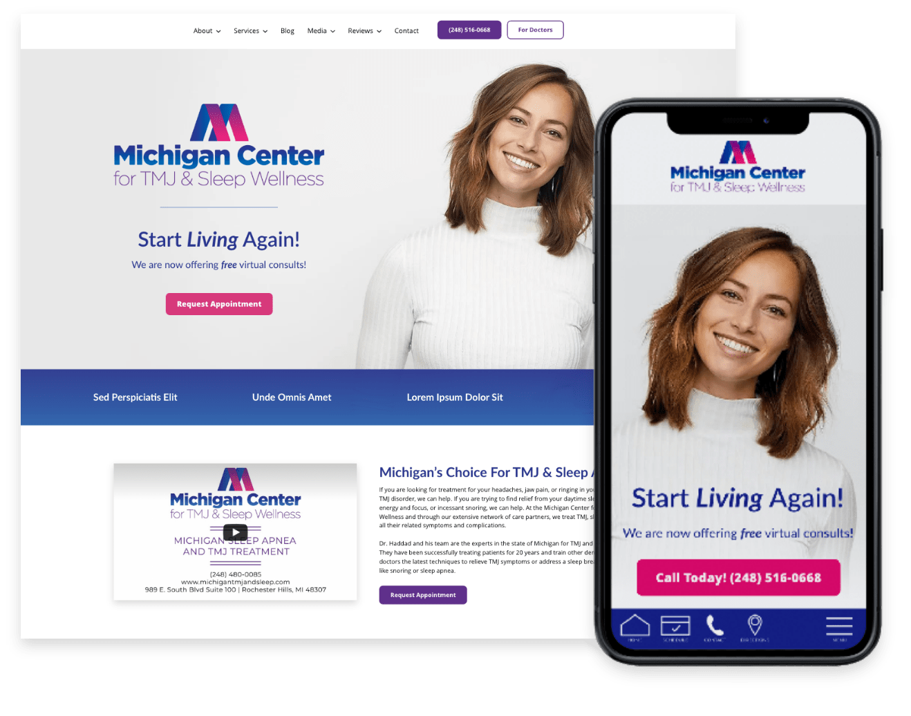 example of branded TMJ & TMD dental website, for desktop and for mobile