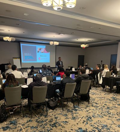 view of the presentation room from the back of the room