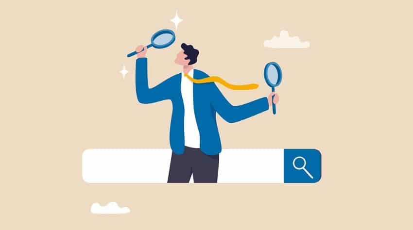 digital illustration of a man standing in a search bar holding magnify glasses
