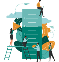 Individuals measure their progress with the help of the digital dental marketing guide on a cartoon height chart.