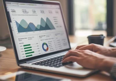 laptop reviewing metrics on screen