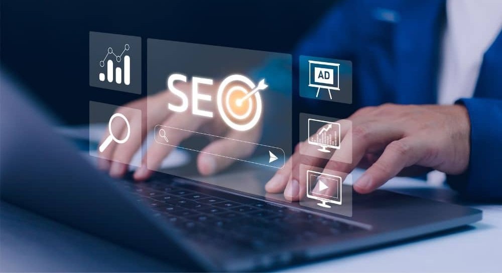local SEO strategies link building banner man optimizing SEO on a computer