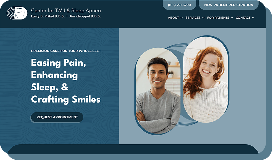 Center for TMJ & Sleep Apnea website promoting pain relief, better sleep, and smiles.