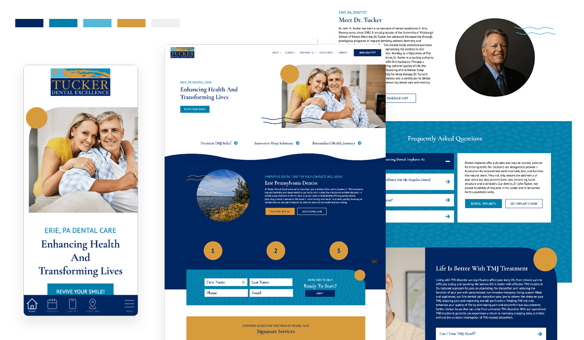tucker-pim-portfolio-min-1 Website mockup for Tucker Dental Excellence showcasing services, FAQs, and patient resources.