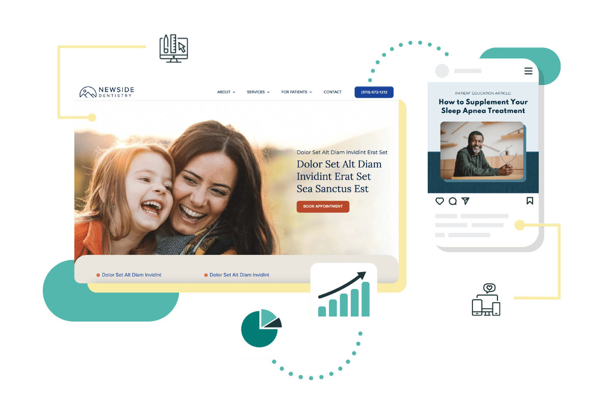 Newside Dentistry website and social media post shown with growth icons.