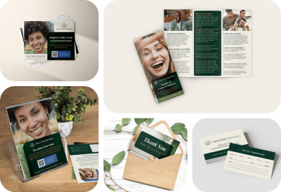 Dental office print marketing materials including postcards, brochures, flyers, thank-you, and appointment cards.