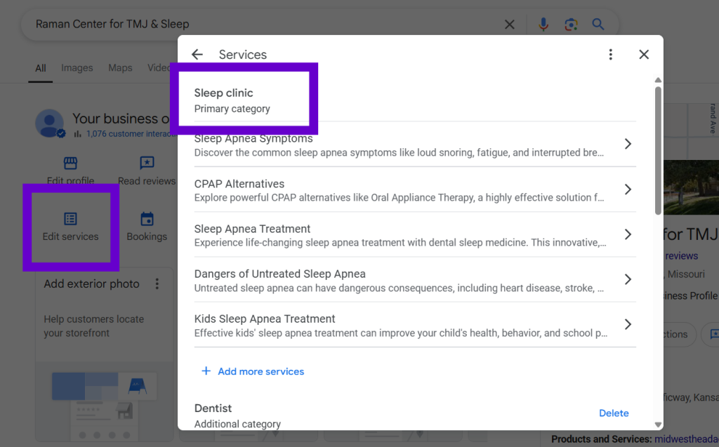 Google business profile category for a sleep apnea dentist