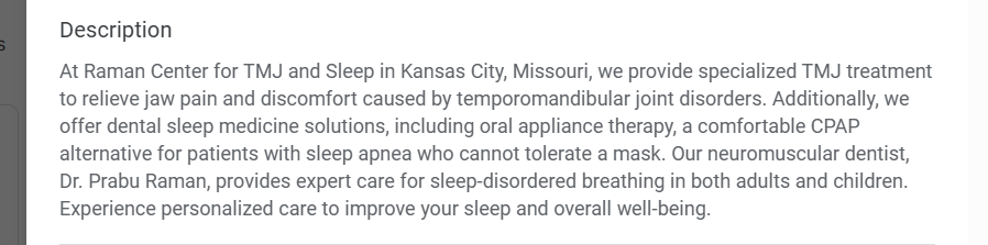 Google Business profile description for a TMJ and sleep apnea dentist