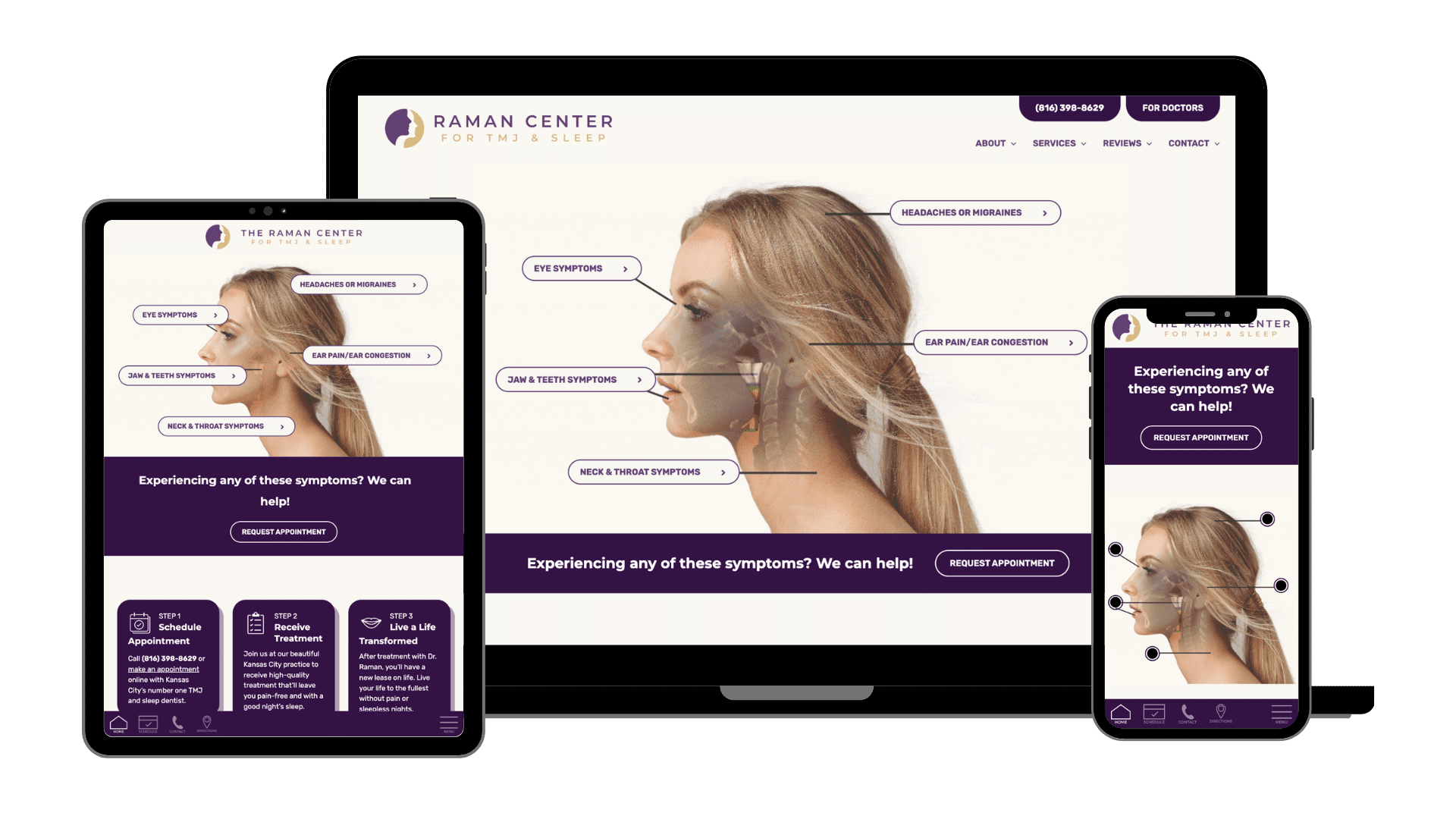 Raman Center for TMJ & Sleep website shown on tablet, laptop, and phone.