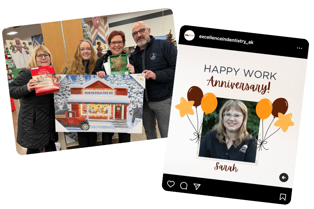 EID shared posts from office Collage showing a group holding holiday gifts and a work anniversary post celebrating a staff member named Sarah.