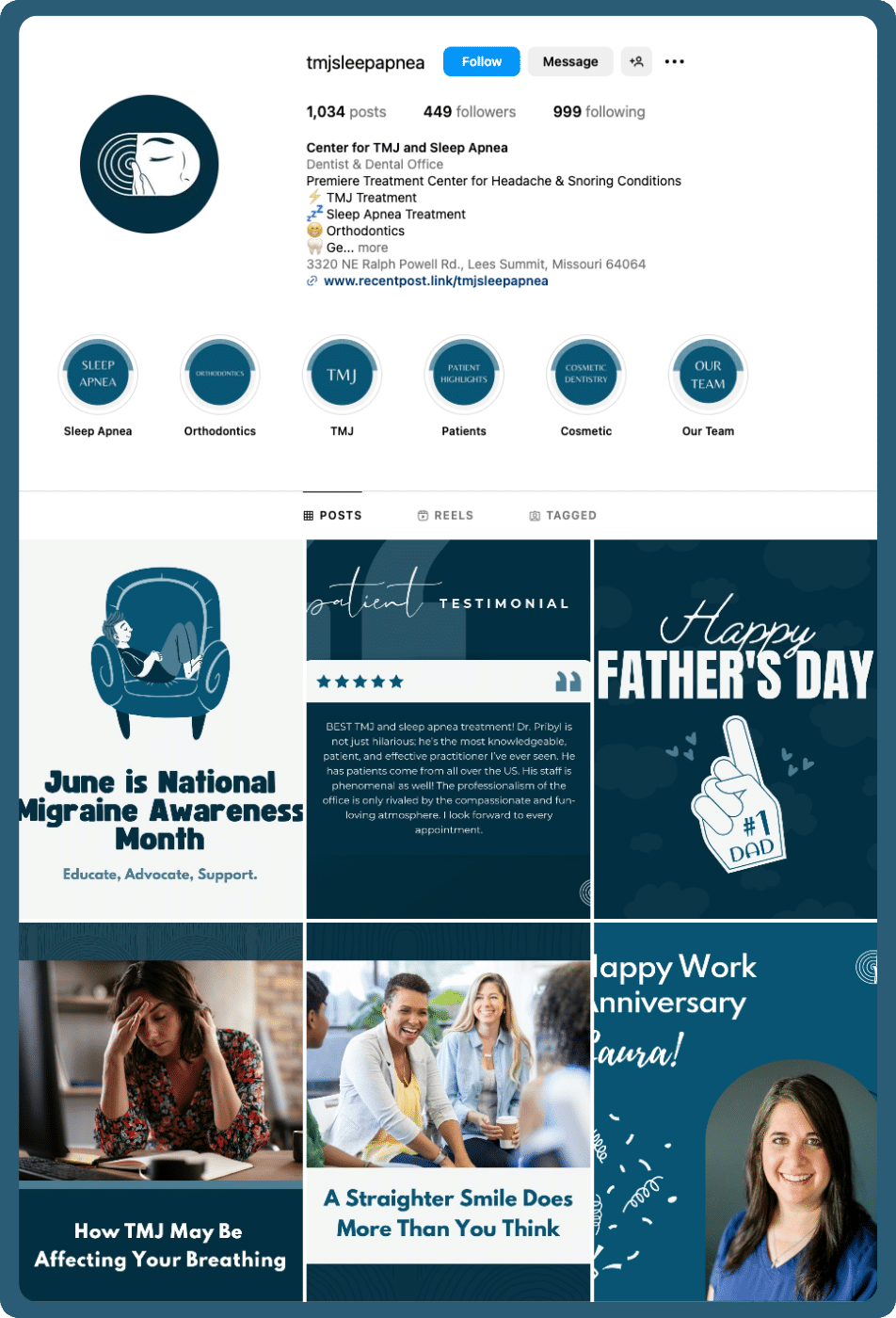 Pribyl case study social image Instagram profile for Center for TMJ and Sleep Apnea featuring posts on migraines, breathing, and patient care.