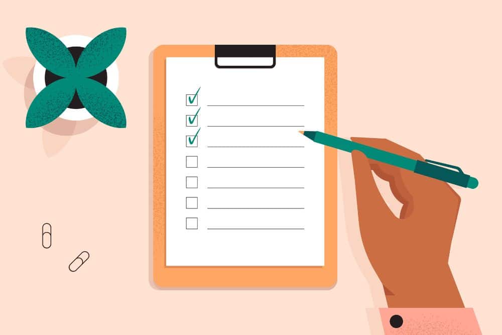 Illustration of a hand checking off items on a clipboard checklist.