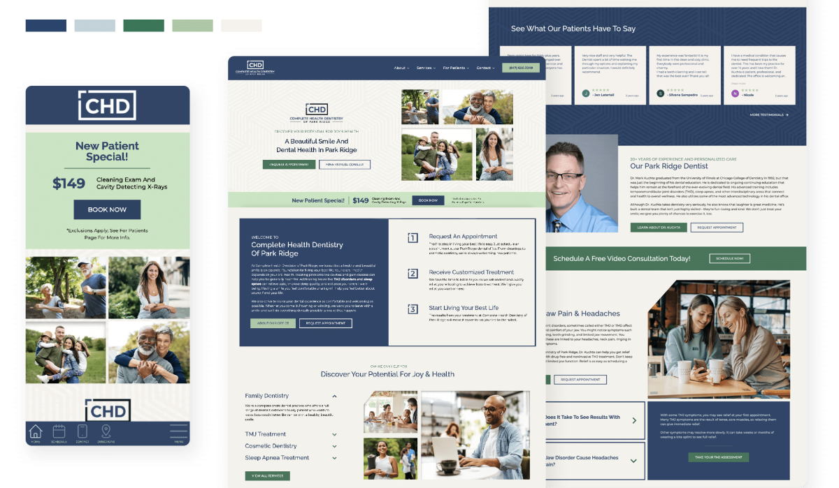 Kuchta-collage Collage of Complete Health Dentistry of Park Ridge website and mobile design elements