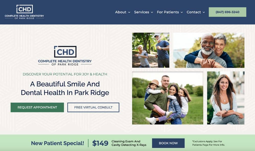 Dental clinic homepage with smiling patients and appointment options
