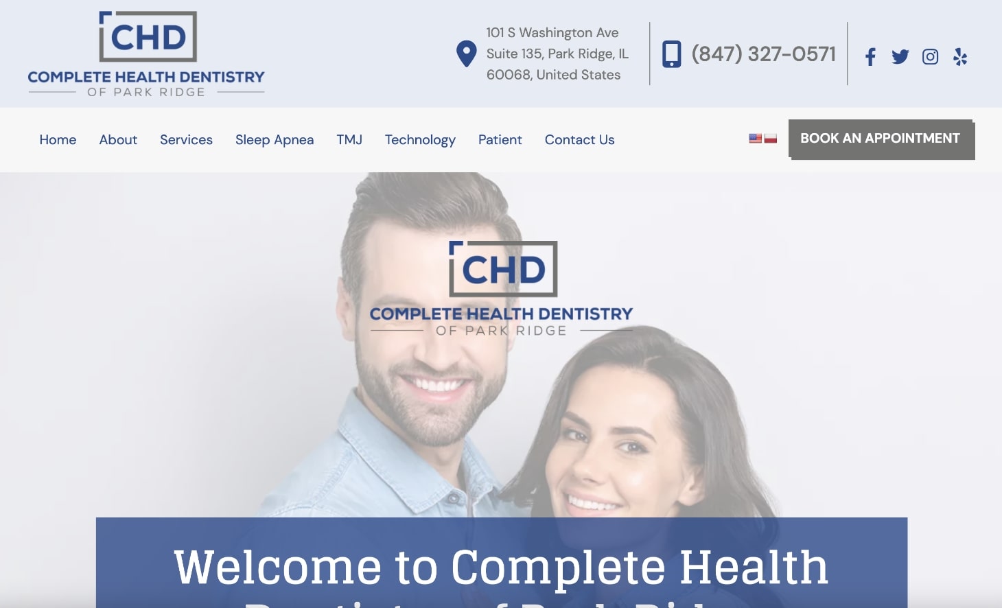 Smiling couple with Complete Health Dentistry of Park Ridge logo and navigation menu