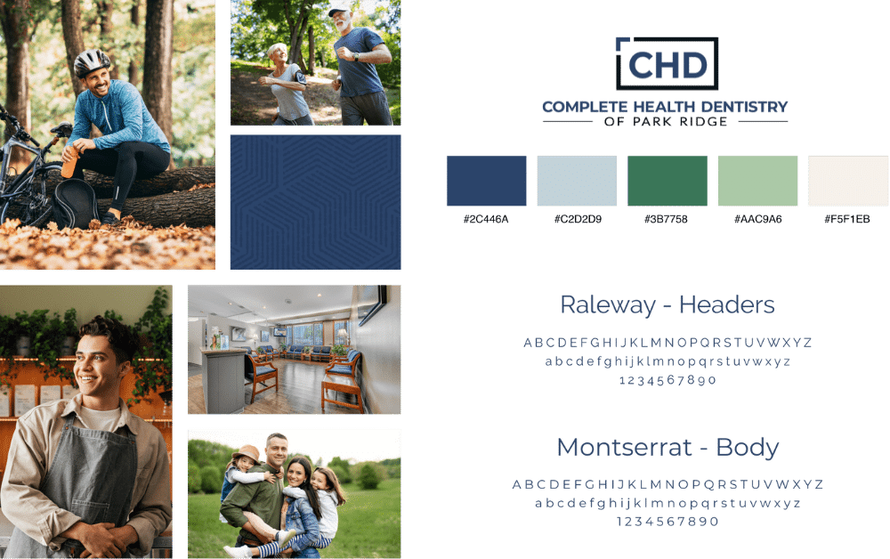 Collage of dental branding elements and lifestyle images