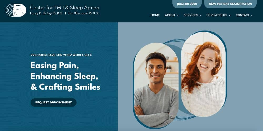 Dental clinic website banner promoting TMJ and sleep apnea care with smiling patients and a call to request an appointment.