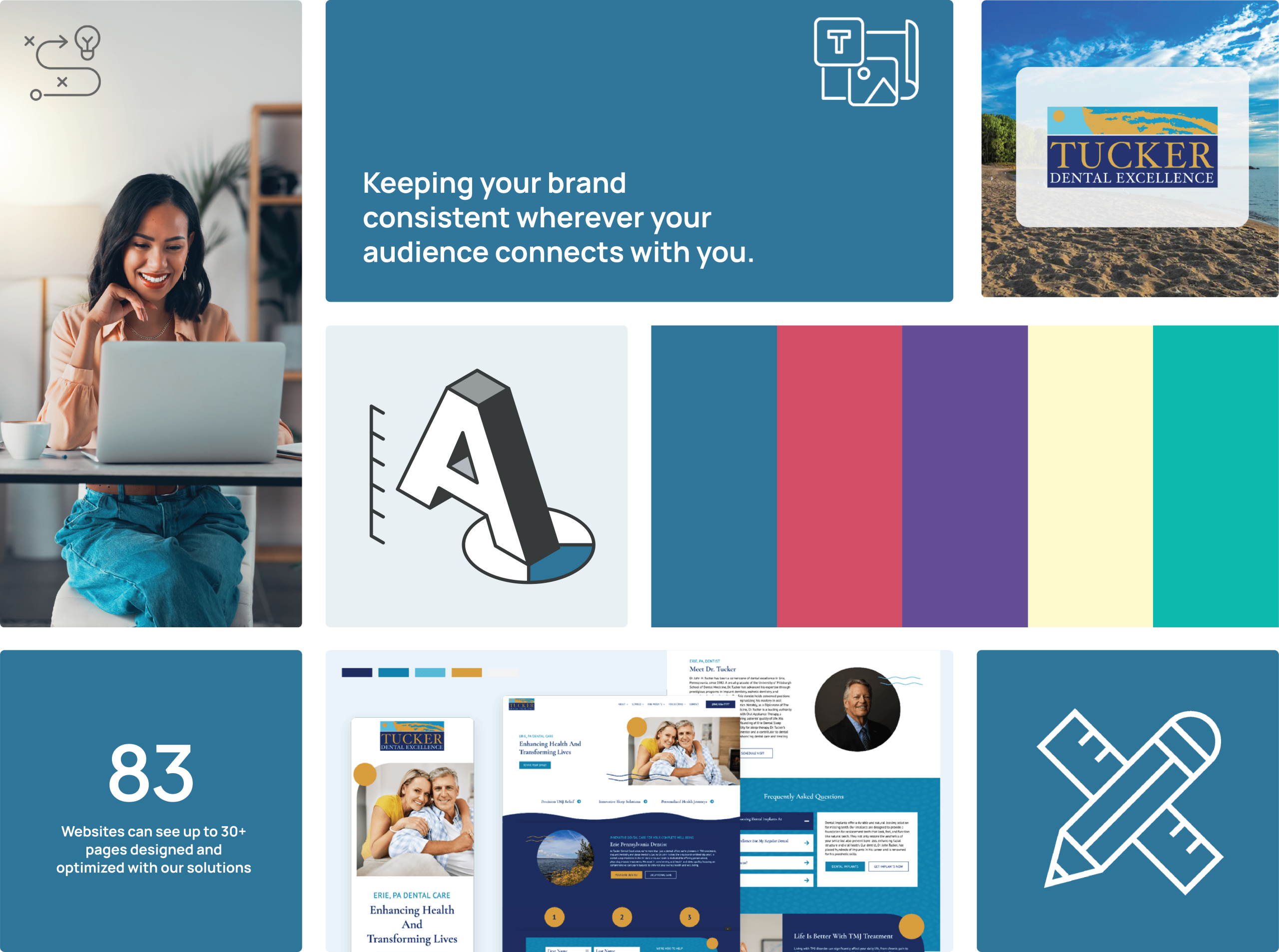 BrandStrategyAsset Branding and web design collage showing a woman at a laptop, sample website, logo, typography, color palette, and design icons.
