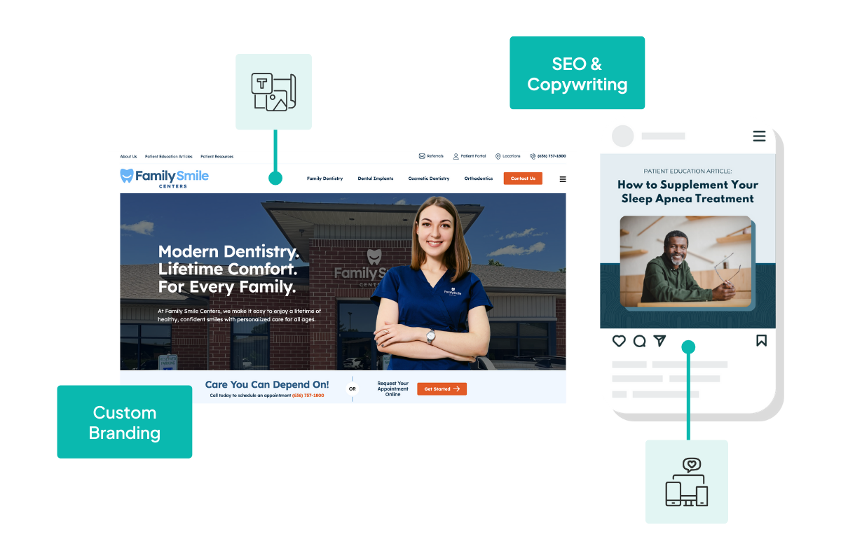 Visual showing a dental website and social media post for Family Smile Centers, highlighting custom branding, SEO, and digital engagement.