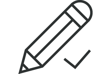 Outline icon of a pencil with a checkmark, symbolizing approved edits or completed writing.
