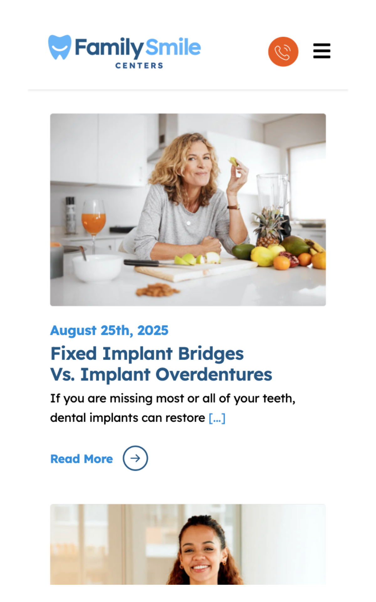Mobile blog post preview from Family Smile Centers discussing dental implant options, featuring an image of a woman eating fruit.