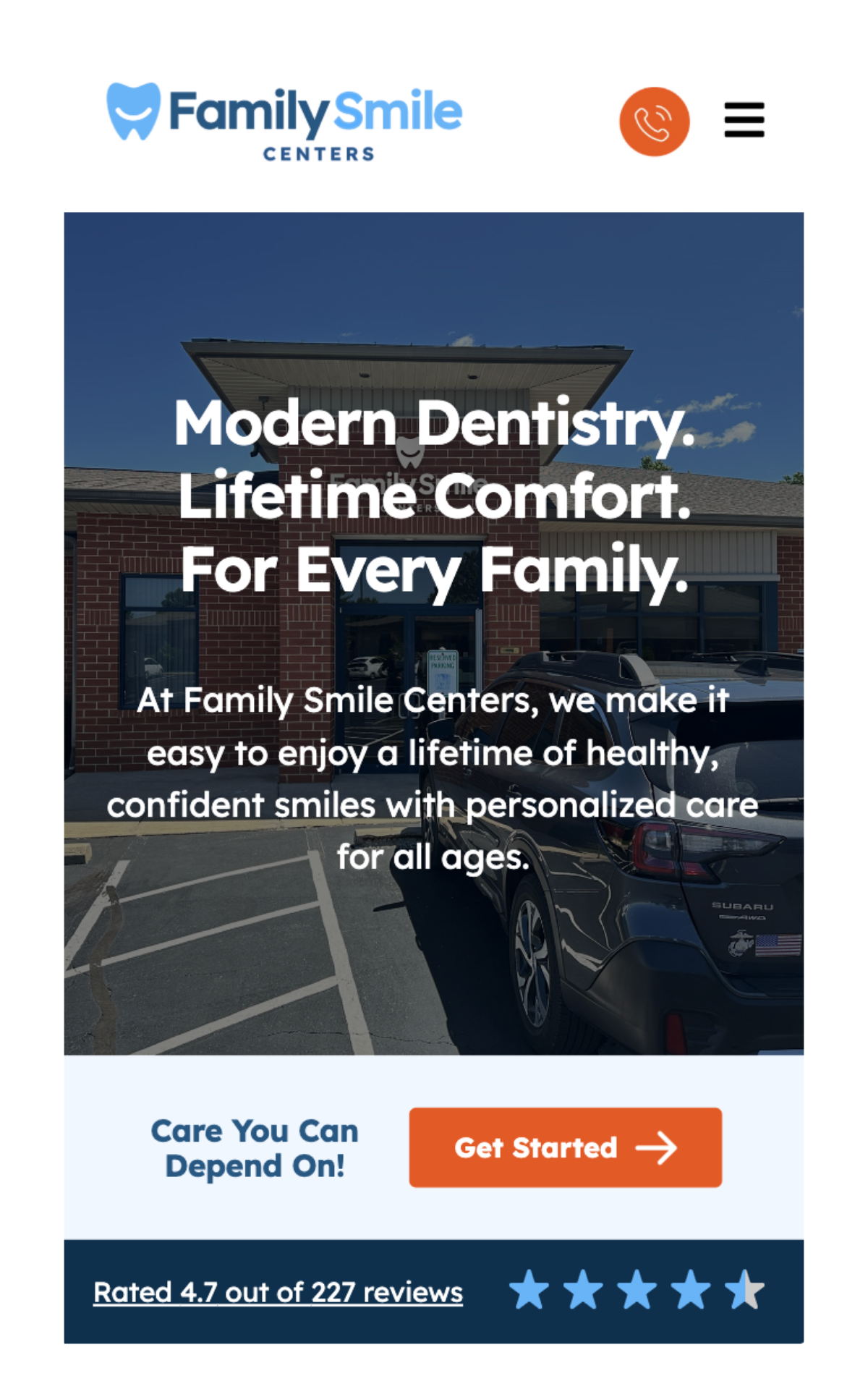 Mobile website view for Family Smile Centers featuring a call-to-action, review rating, and tagline promoting modern family dentistry.
