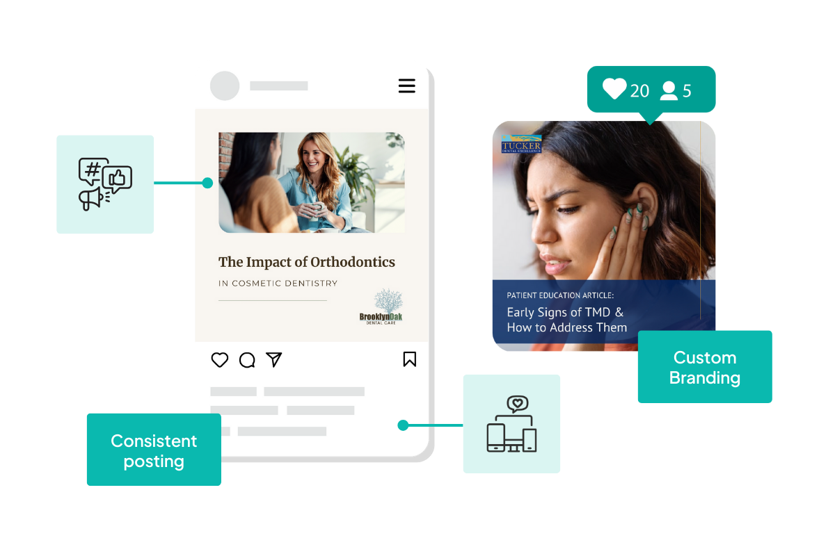 Social media post examples for dental practices, highlighting consistent posting and custom branding for patient engagement.