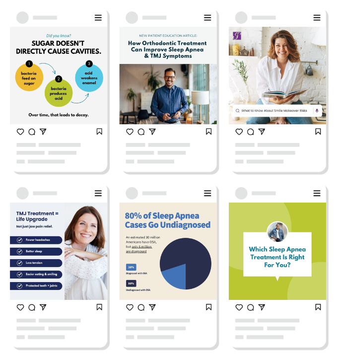 Social Media Management Asset-Square-Collage Cropped Grid of dental social media post designs featuring educational content on cavities, TMJ, sleep apnea, and smile makeovers.