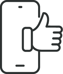 Thumbs-up emerging from smartphone, representing positive feedback or mobile approval.