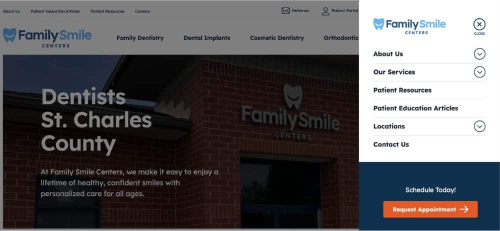 The intuitive menu navigation of for a new dental website