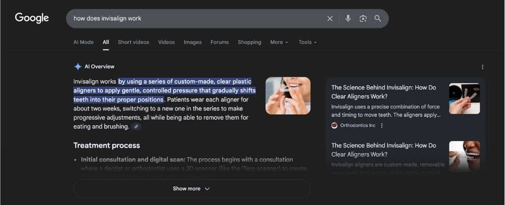 An answer to a dental-related question provided by Google's search engine AI assistant