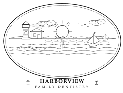 Harborview Family Dentistry Logo of Harborview Family Dentistry with lighthouse, house, sailboats, and rising sun over ocean scene